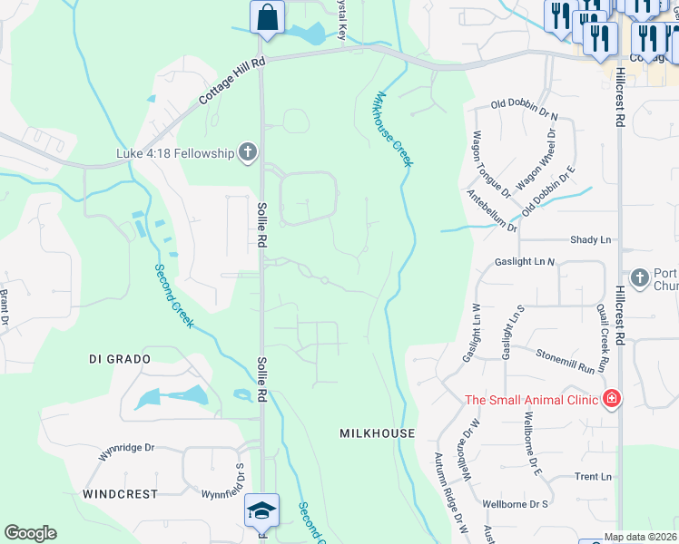 map of restaurants, bars, coffee shops, grocery stores, and more near Shadow Creek Drive in Mobile