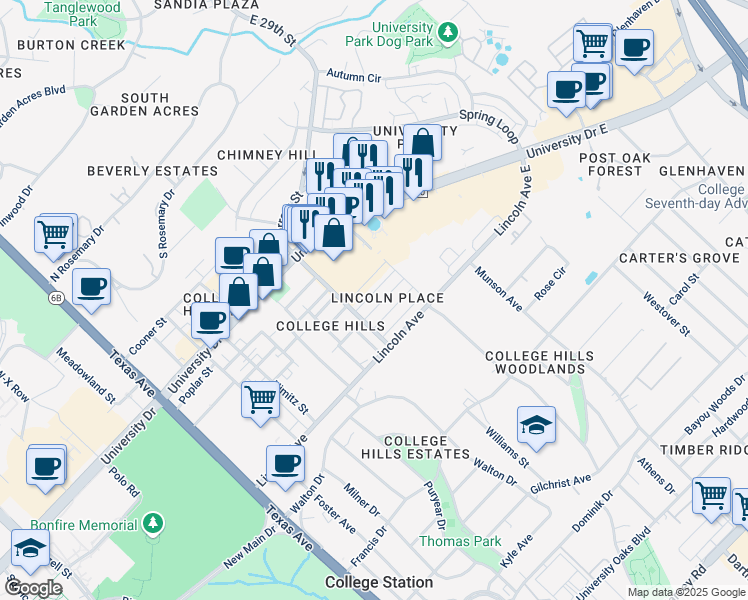map of restaurants, bars, coffee shops, grocery stores, and more near 706 Wellesley Court in College Station