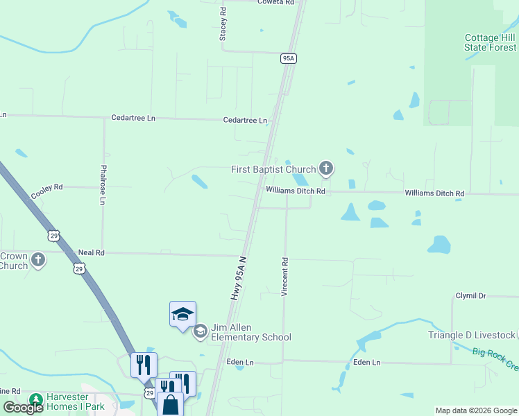 map of restaurants, bars, coffee shops, grocery stores, and more near 2 Cottage Hill Road in Cantonment