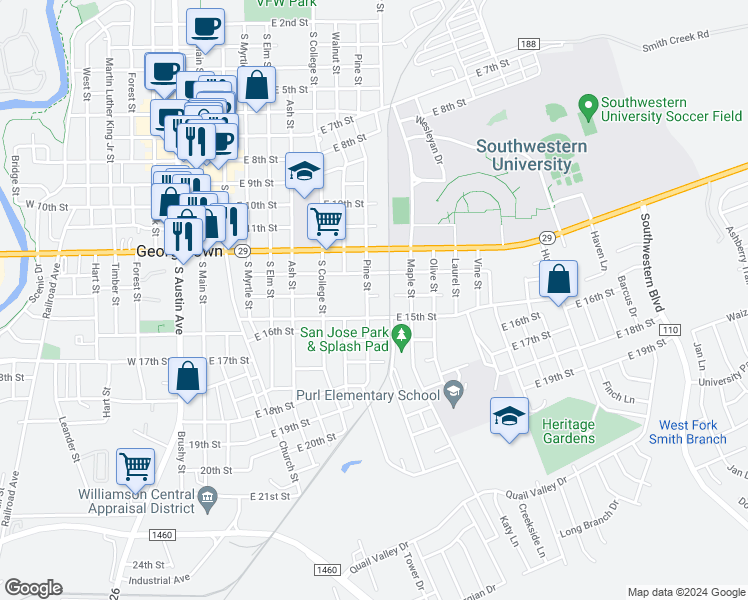 map of restaurants, bars, coffee shops, grocery stores, and more near 1401 Pine Street in Georgetown