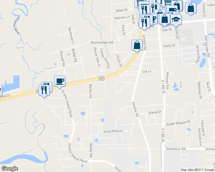 map of restaurants, bars, coffee shops, grocery stores, and more near 2622 Midway Road in Fernandina Beach