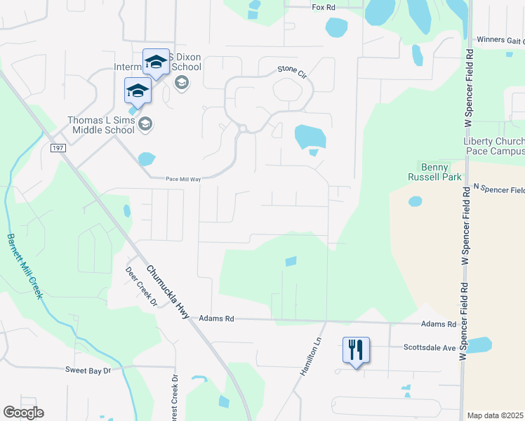 map of restaurants, bars, coffee shops, grocery stores, and more near 3901 Redbud Lane in Pace