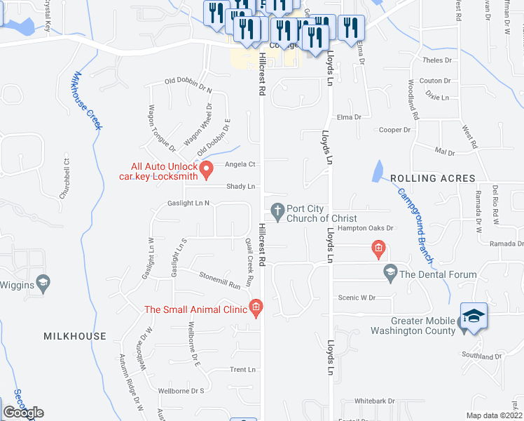 map of restaurants, bars, coffee shops, grocery stores, and more near Hillcrest Road in Mobile