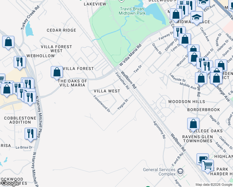 map of restaurants, bars, coffee shops, grocery stores, and more near 3412 Leon Street in Bryan