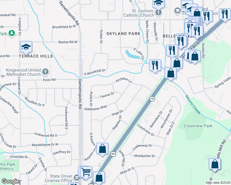 map of restaurants, bars, coffee shops, grocery stores, and more near 4205 Taurus Drive in Mobile