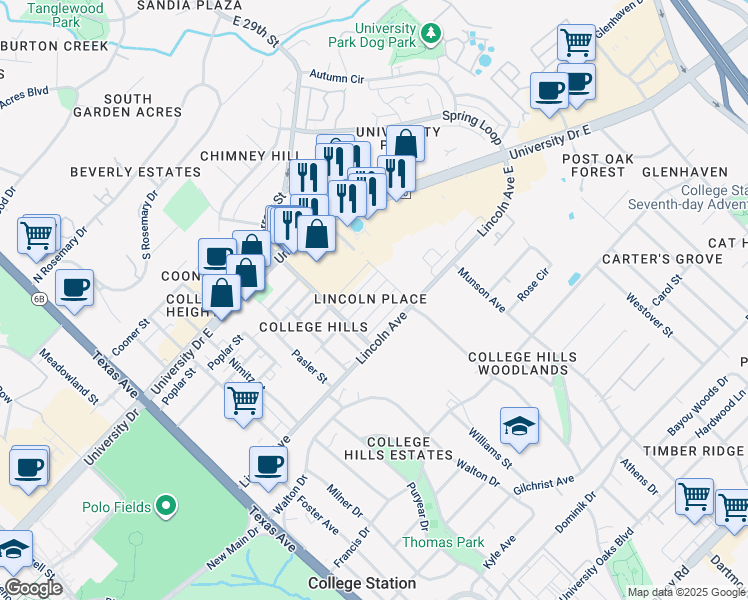 map of restaurants, bars, coffee shops, grocery stores, and more near 708 Wellesley Court in College Station