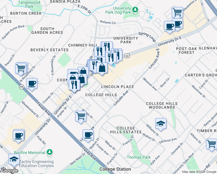 map of restaurants, bars, coffee shops, grocery stores, and more near 702 University Drive East in College Station