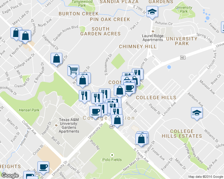 map of restaurants, bars, coffee shops, grocery stores, and more near 401 Cooner Street in College Station