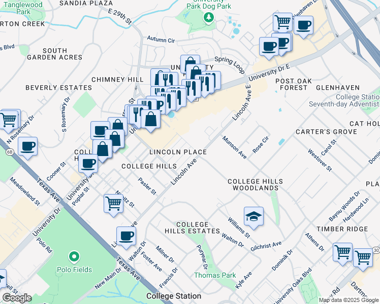 map of restaurants, bars, coffee shops, grocery stores, and more near 716 Vassar Court in College Station