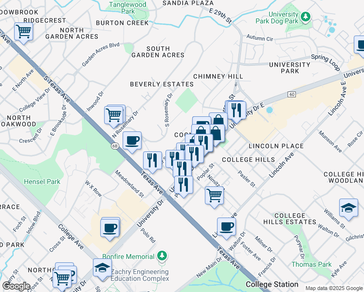 map of restaurants, bars, coffee shops, grocery stores, and more near 301 Nimitz Street in College Station