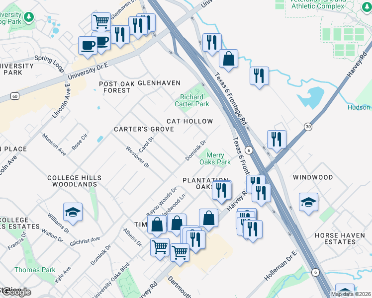 map of restaurants, bars, coffee shops, grocery stores, and more near 1219 Merry Oaks Drive in College Station