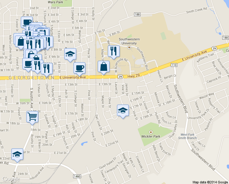 map of restaurants, bars, coffee shops, grocery stores, and more near 1404 Laurel Street in Georgetown