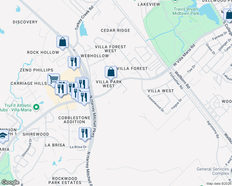 map of restaurants, bars, coffee shops, grocery stores, and more near 1305 West Villa Maria Road in Bryan
