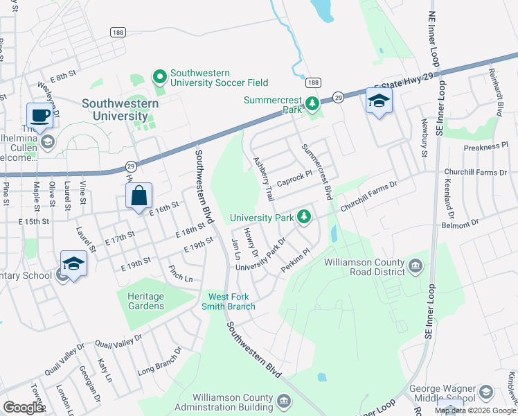 map of restaurants, bars, coffee shops, grocery stores, and more near 1804 Ashberry Trail in Georgetown