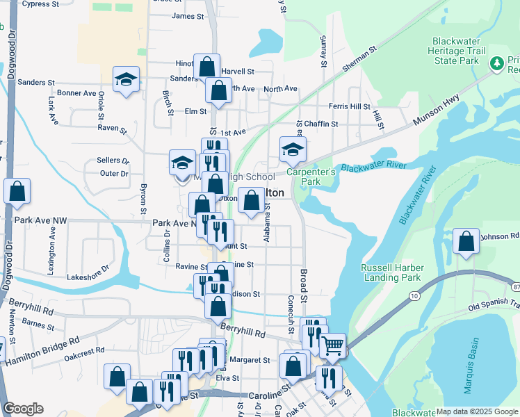 map of restaurants, bars, coffee shops, grocery stores, and more near 5419 Alabama Street in Milton