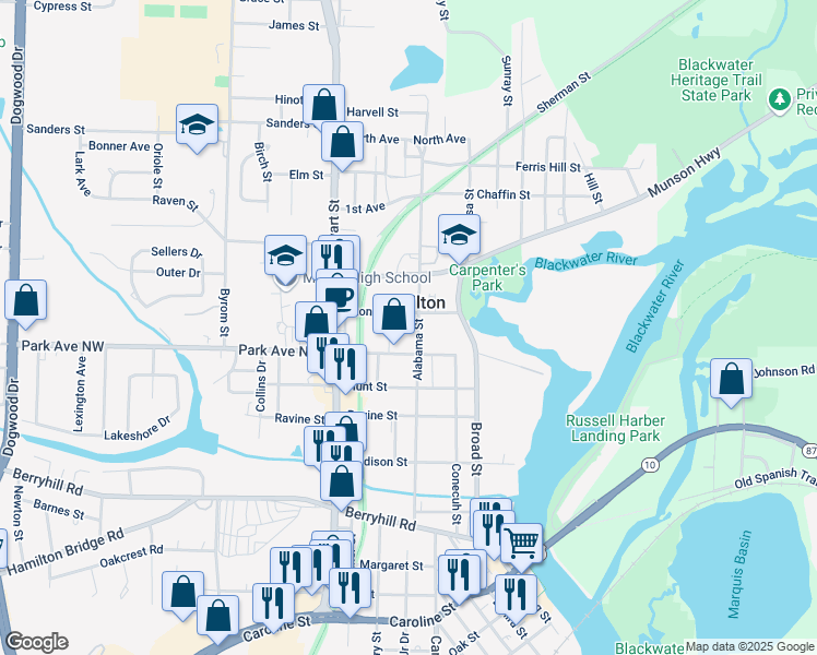 map of restaurants, bars, coffee shops, grocery stores, and more near 5419 Alabama Street in Milton