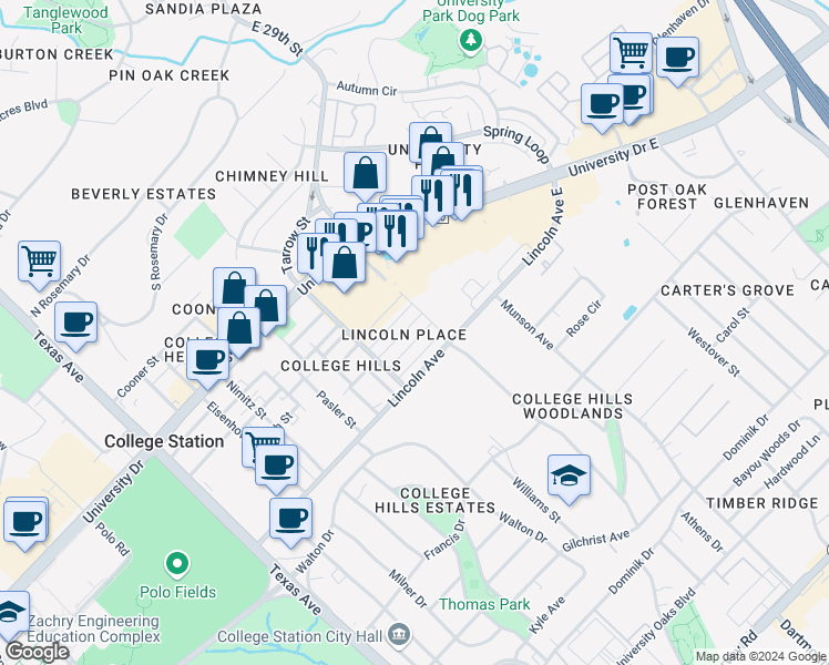 map of restaurants, bars, coffee shops, grocery stores, and more near 713 Vassar Court in College Station