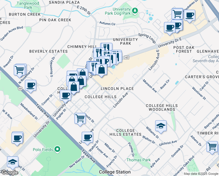 map of restaurants, bars, coffee shops, grocery stores, and more near 702 University Drive East in College Station