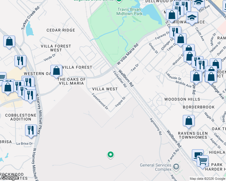 map of restaurants, bars, coffee shops, grocery stores, and more near 3412 Leon Street in Bryan