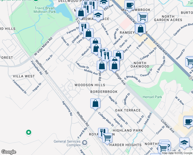 map of restaurants, bars, coffee shops, grocery stores, and more near 3900 Old College Road in Bryan