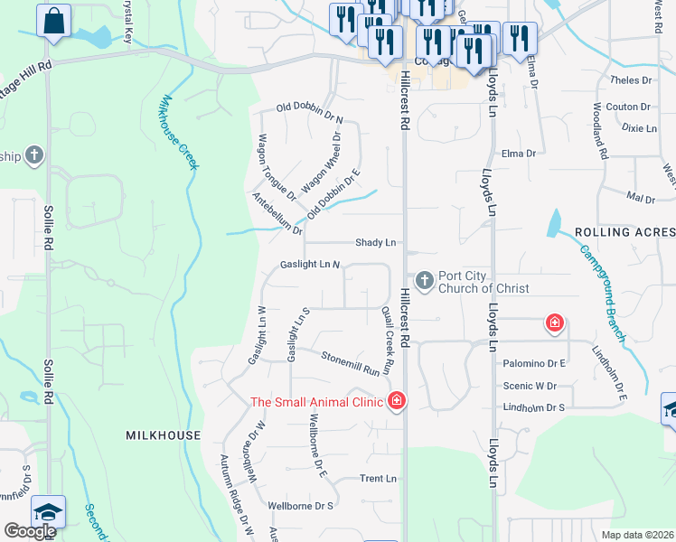 map of restaurants, bars, coffee shops, grocery stores, and more near 6501 Gaslight Ln N in Mobile