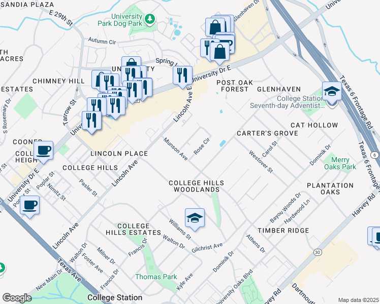 map of restaurants, bars, coffee shops, grocery stores, and more near 1001 Rose Circle in College Station