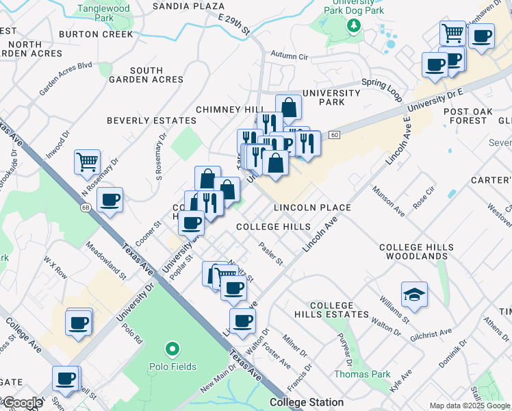 map of restaurants, bars, coffee shops, grocery stores, and more near 608 Peyton Street in College Station