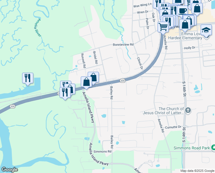 map of restaurants, bars, coffee shops, grocery stores, and more near 2641 Bailey Road in Fernandina Beach
