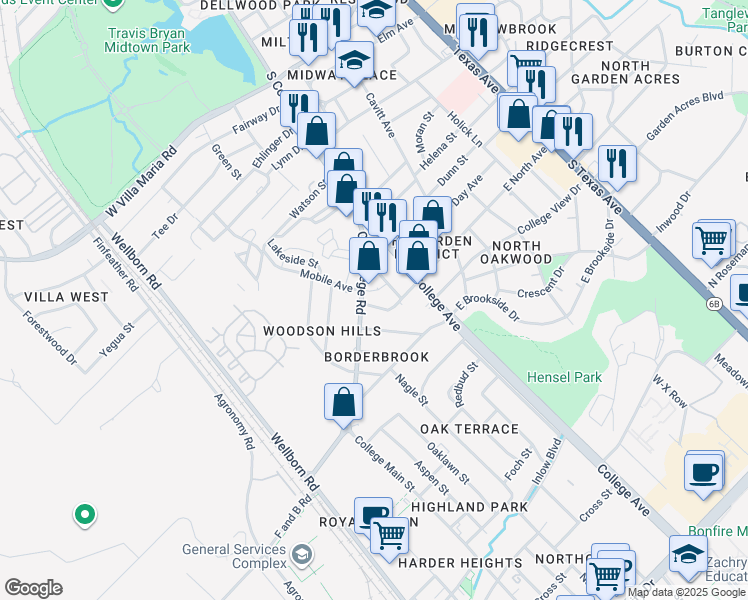 map of restaurants, bars, coffee shops, grocery stores, and more near 216 West North Avenue in Bryan