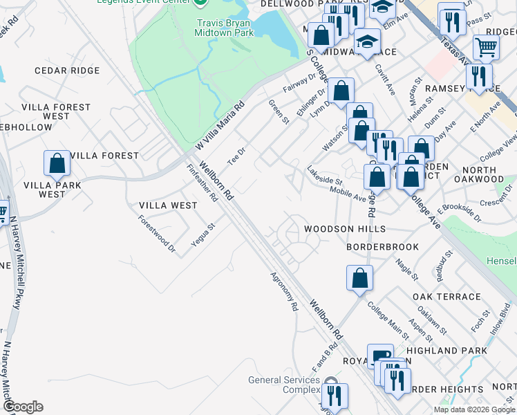 map of restaurants, bars, coffee shops, grocery stores, and more near 3625 Wellborn Road in Bryan