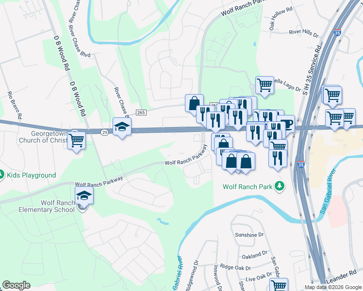 map of restaurants, bars, coffee shops, grocery stores, and more near 2300 Wolf Ranch Parkway in Georgetown