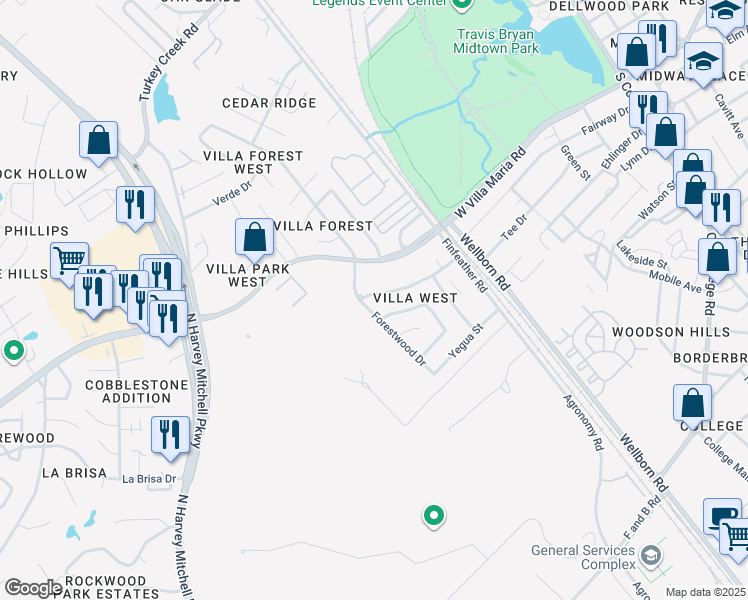 map of restaurants, bars, coffee shops, grocery stores, and more near 943 Navidad Street in Bryan