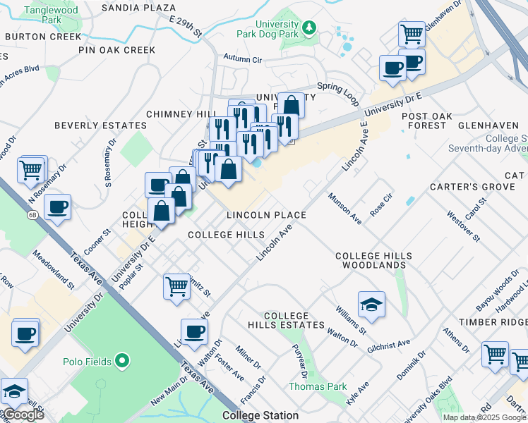 map of restaurants, bars, coffee shops, grocery stores, and more near 708 Wellesley Court in College Station