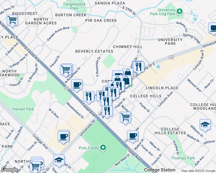 map of restaurants, bars, coffee shops, grocery stores, and more near 402 Macarthur Street in College Station