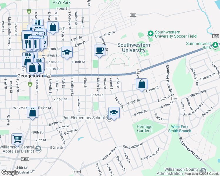map of restaurants, bars, coffee shops, grocery stores, and more near 1404 Laurel Street in Georgetown