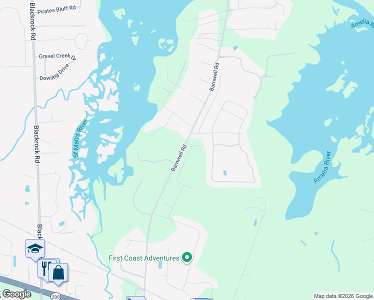 map of restaurants, bars, coffee shops, grocery stores, and more near 96142 Grande Oaks Lane in Fernandina Beach