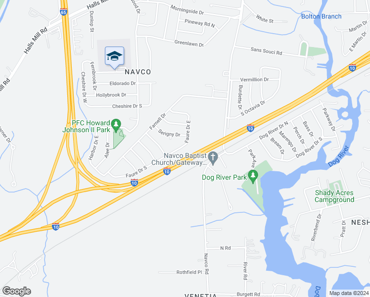map of restaurants, bars, coffee shops, grocery stores, and more near 2653 Faure Drive South in Mobile