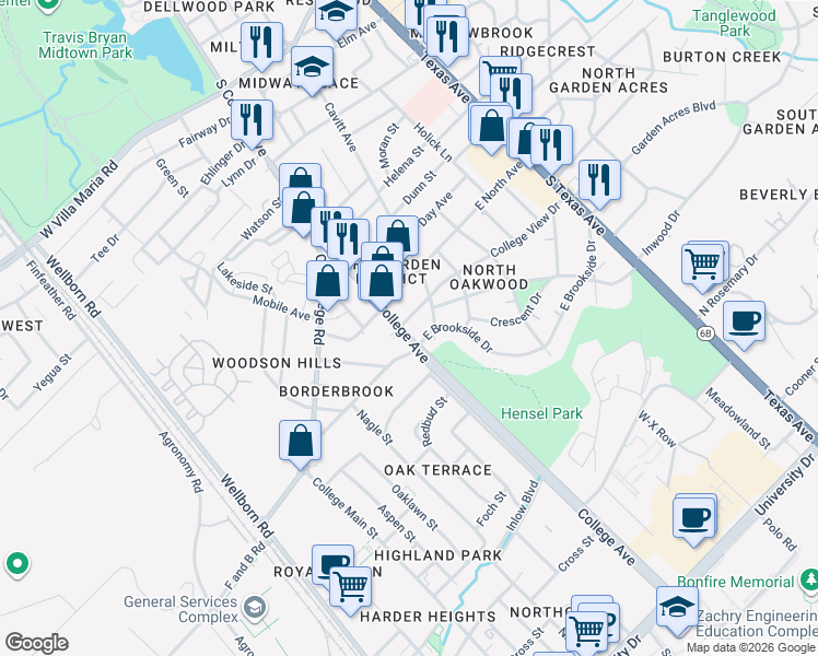 map of restaurants, bars, coffee shops, grocery stores, and more near 101 College View Drive in Bryan