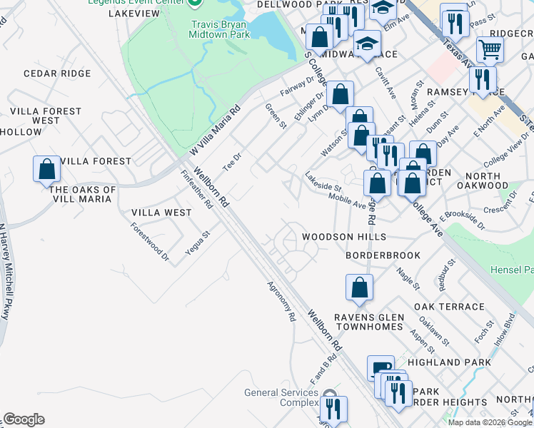 map of restaurants, bars, coffee shops, grocery stores, and more near 3625 Wellborn Road in Bryan