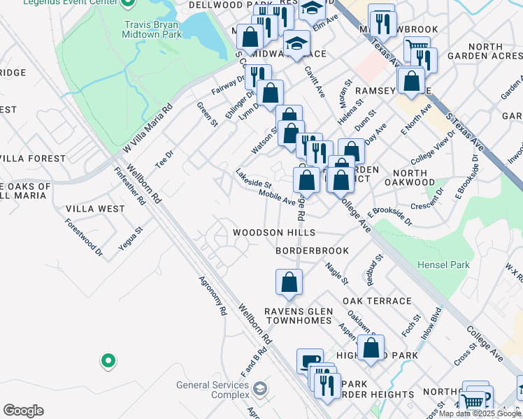 map of restaurants, bars, coffee shops, grocery stores, and more near 3908 Olive Street in Bryan