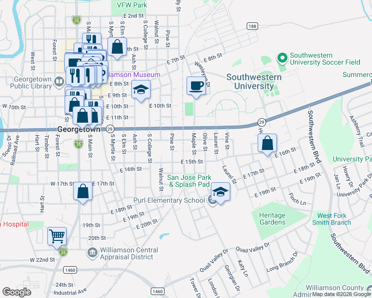 map of restaurants, bars, coffee shops, grocery stores, and more near 1404 Maple Street in Georgetown
