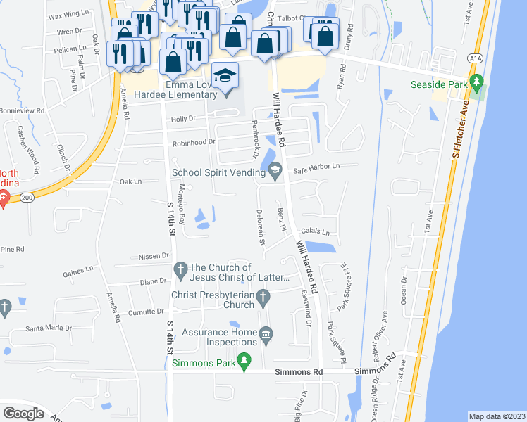 map of restaurants, bars, coffee shops, grocery stores, and more near 2642 Delorean Street in Fernandina Beach
