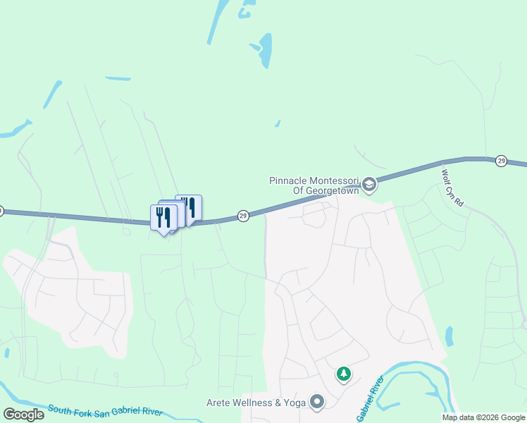 map of restaurants, bars, coffee shops, grocery stores, and more near 3239 West State Highway 29 in Georgetown