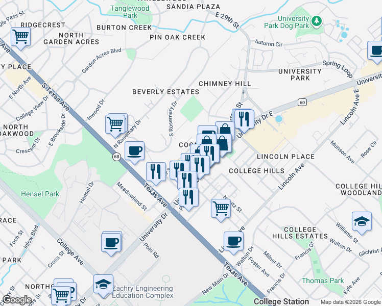 map of restaurants, bars, coffee shops, grocery stores, and more near 402 Macarthur Street in College Station