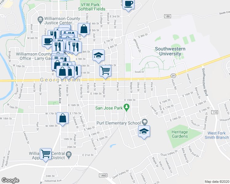 map of restaurants, bars, coffee shops, grocery stores, and more near 1401 South College Street in Georgetown