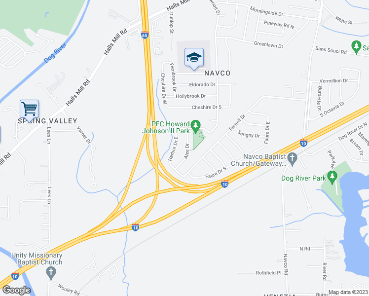 map of restaurants, bars, coffee shops, grocery stores, and more near 1714 Alee Drive in Mobile