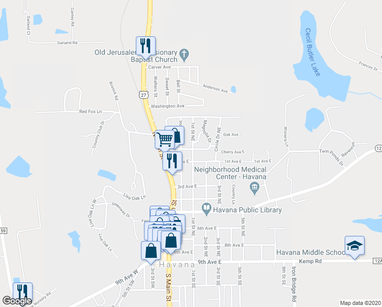 map of restaurants, bars, coffee shops, grocery stores, and more near 806 Northeast 1st Street in Havana