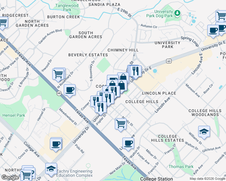 map of restaurants, bars, coffee shops, grocery stores, and more near 505 University Drive East in College Station