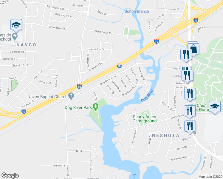 map of restaurants, bars, coffee shops, grocery stores, and more near 1710 Bream Drive in Mobile