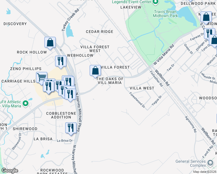 map of restaurants, bars, coffee shops, grocery stores, and more near 1305 West Villa Maria Road in Bryan